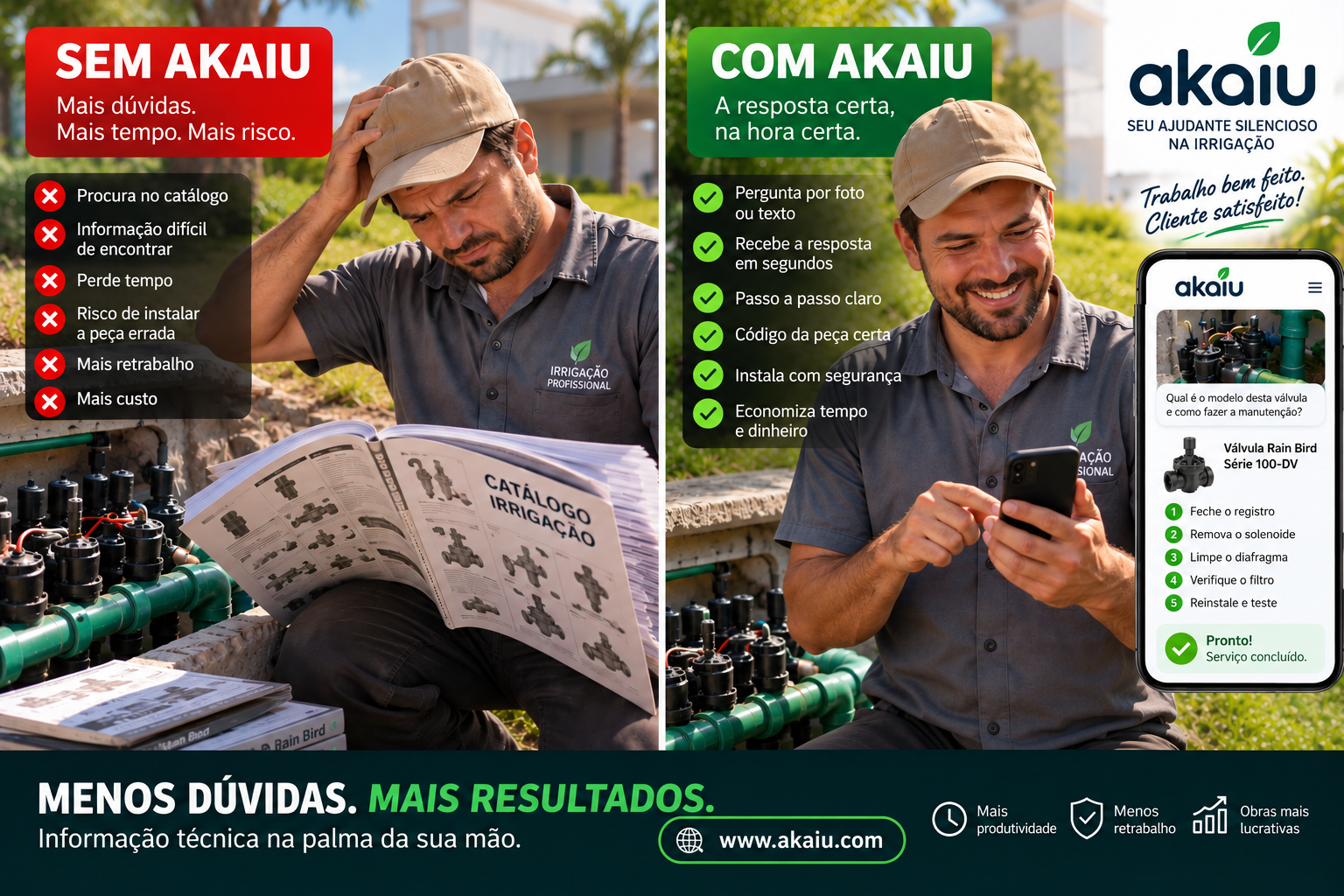 Comparação visual entre o atendimento sem Akaiu e com Akaiu no campo
